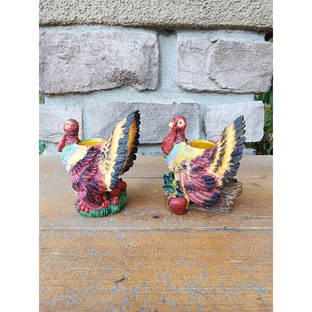 Vintage Turkey Candle Holders Pair Thanksgiving Colorful Fall Decor - Picture 5 of 7